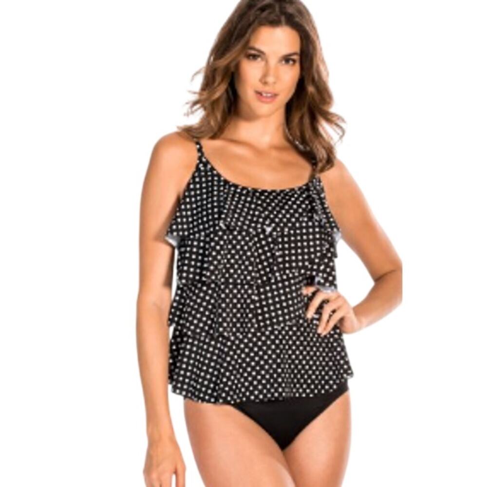 Miraclesuit Dot Dot Tier up Wire-Free Tankini Top Black White Womens 10